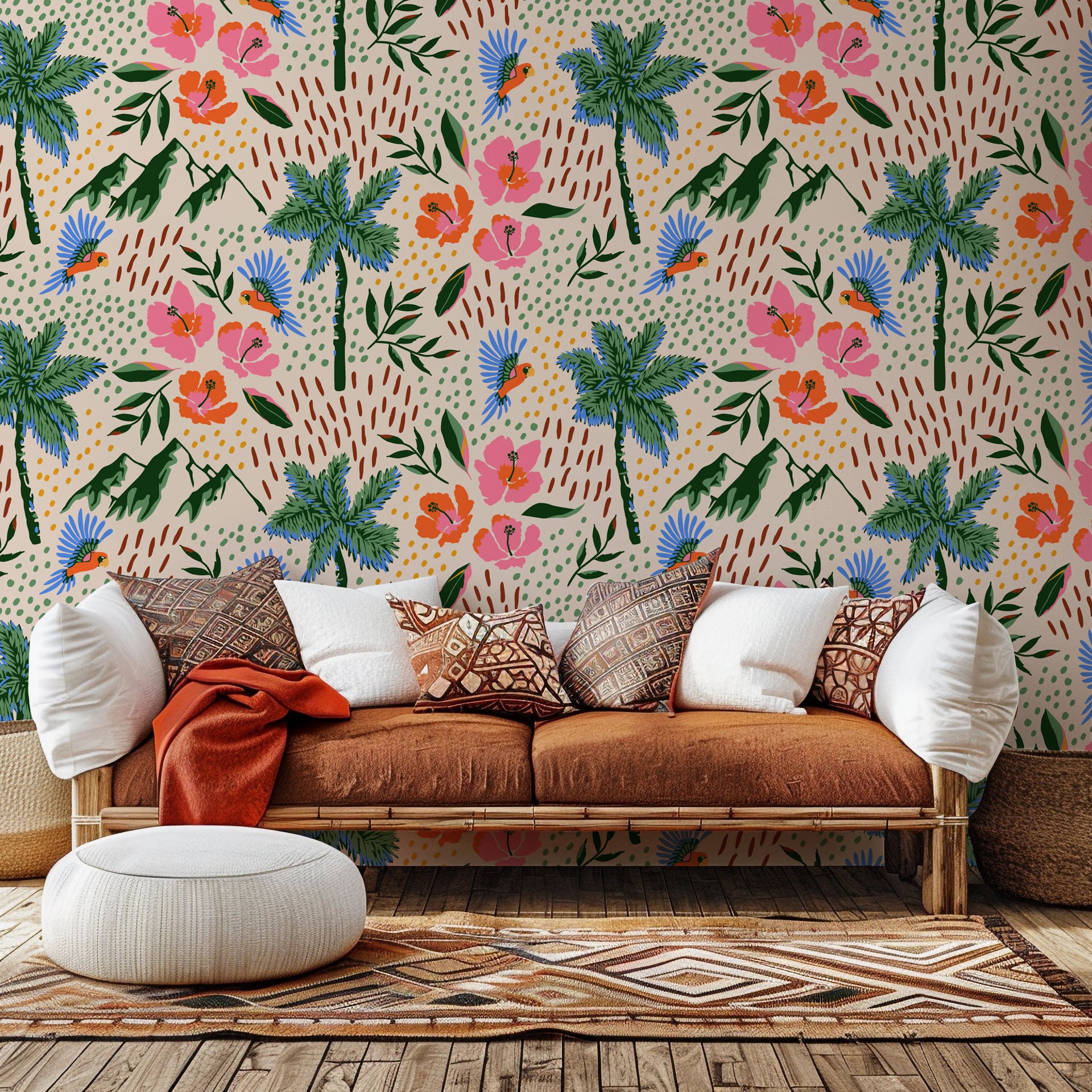 Peach-colored tropical wall covering featuring parrots, palm fronds, and hibiscus blooms.