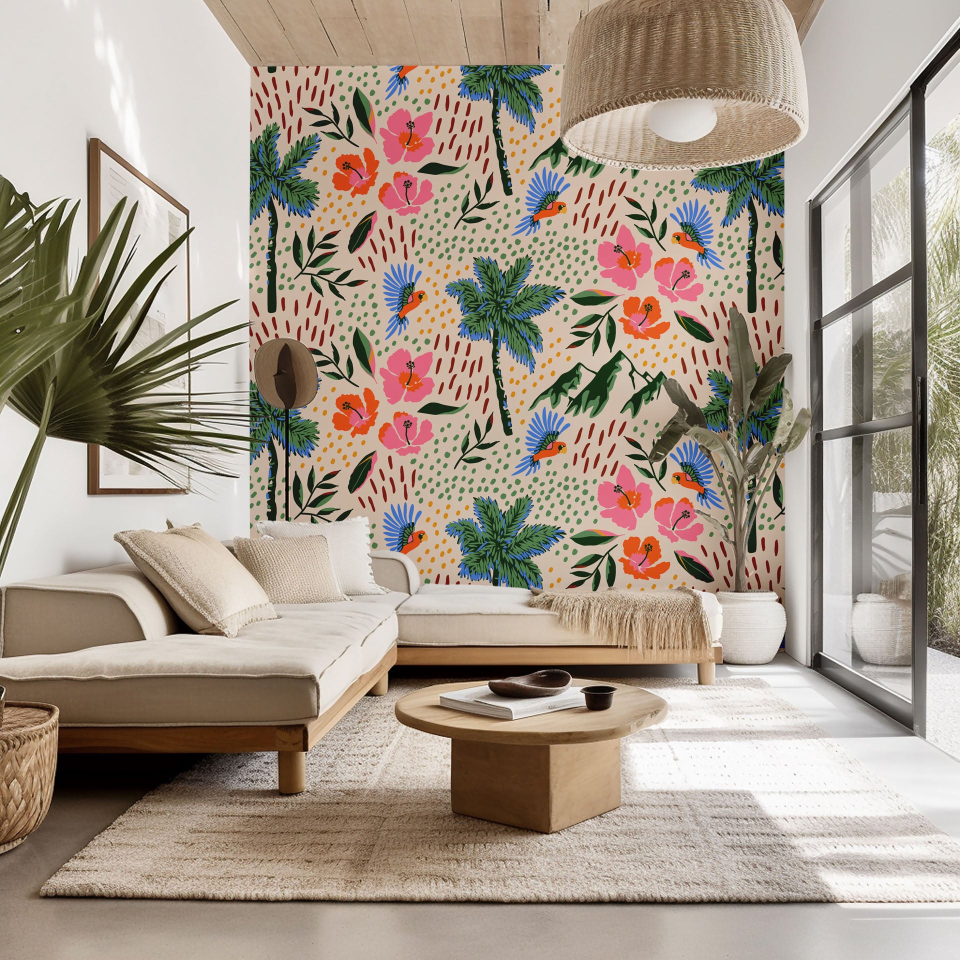 Peach-toned wall covering depicting exotic parrots, palm leaves, and hibiscus blooms. - Lush Notion