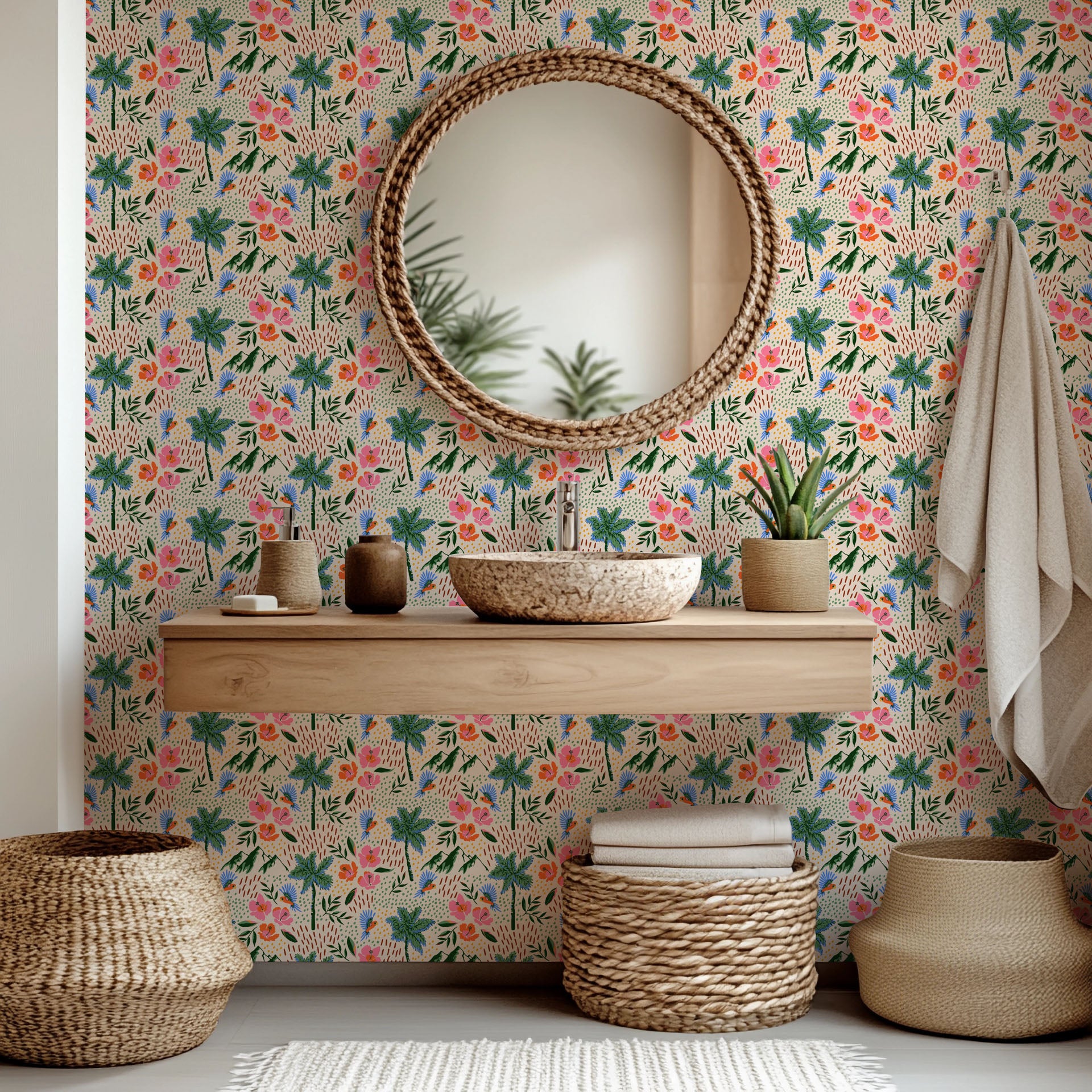 A vibrant, peachy tropical wallpaper pattern adorned with parrots, palm fronds, and striking hibiscus blooms, by Lush Notion