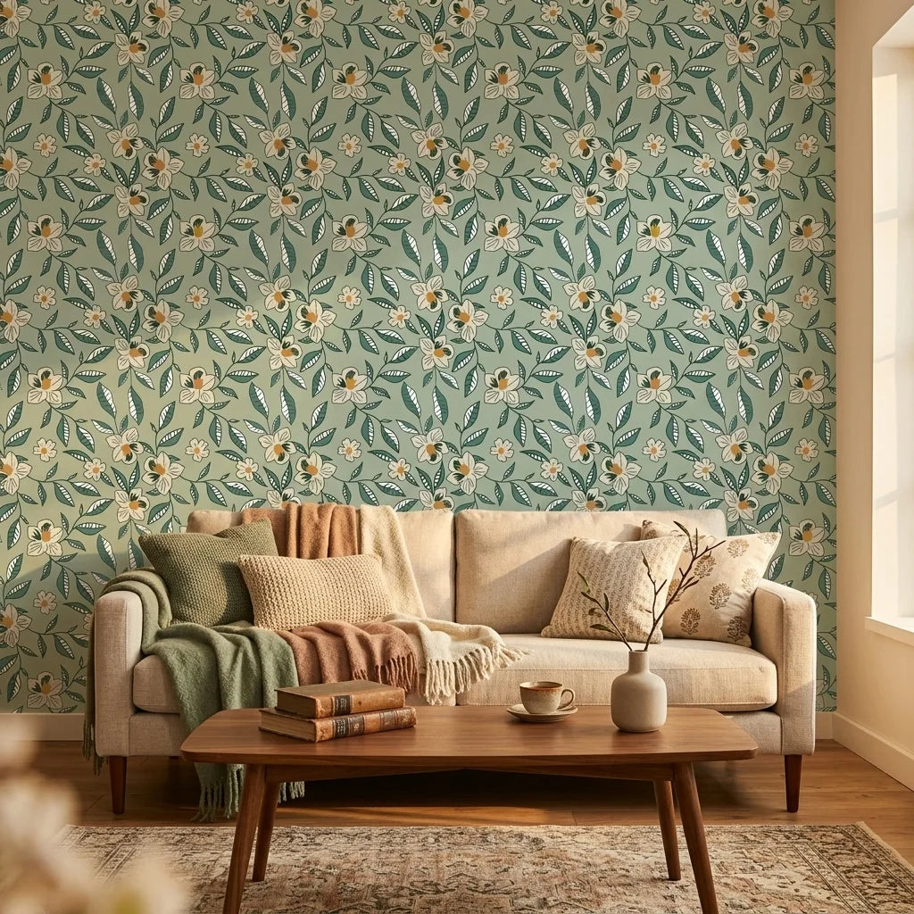 Magnolia Morning green botanical peel and stick wallpaper in a warm and inviting living room