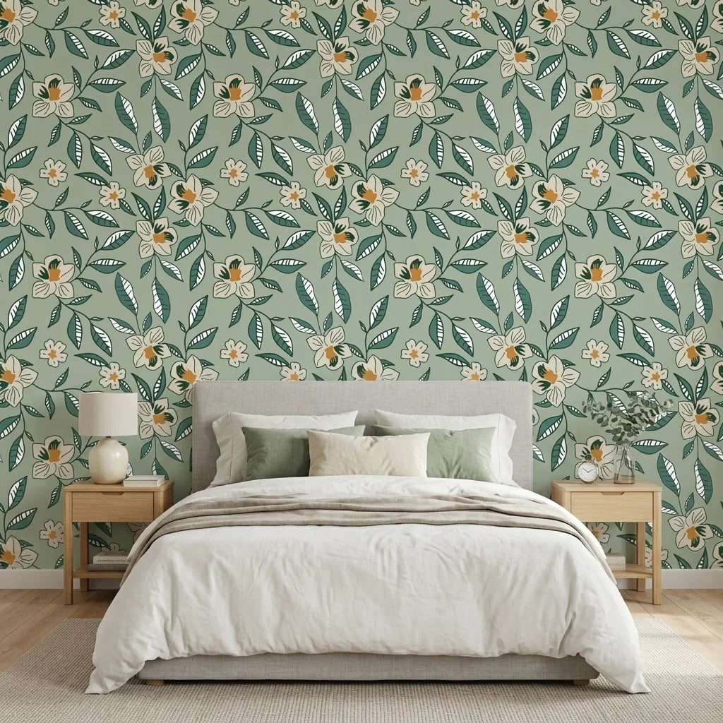 Magnolia Morning green botanical peel and stick wallpaper adding character to a cozy bedroom