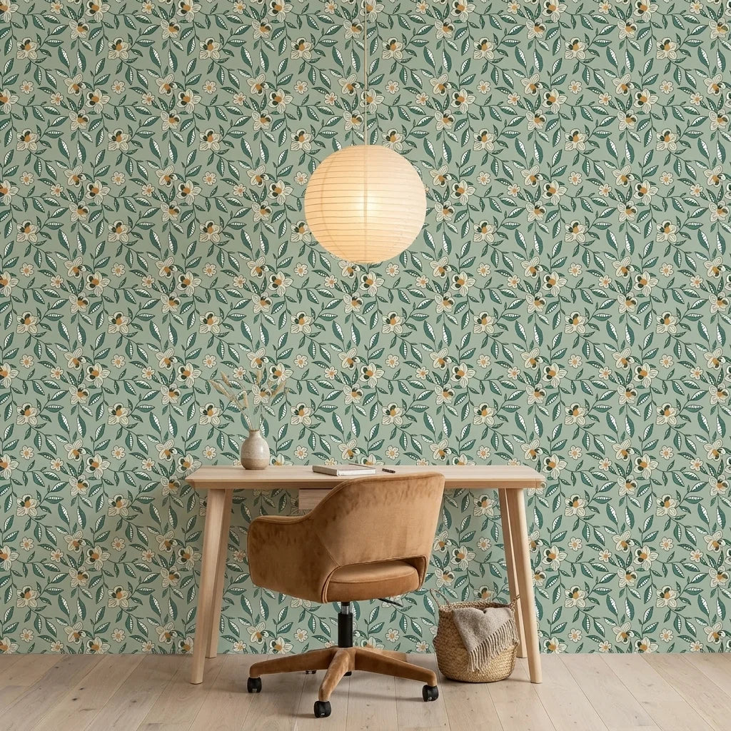 Magnolia Morning green botanical peel and stick wallpaper as a feature wall in a bright home office