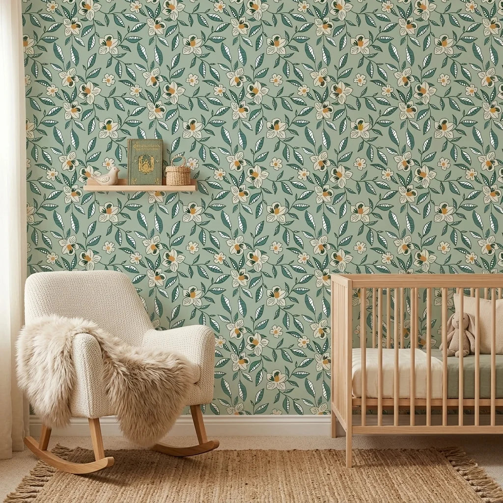 Magnolia Morning green botanical peel and stick wallpaper creating ambiance in a serene bathroom