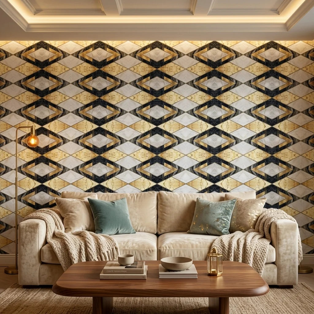 Marble Luxe dramatic black white and gold marble wallpaper creating ambiance in a serene bathroom