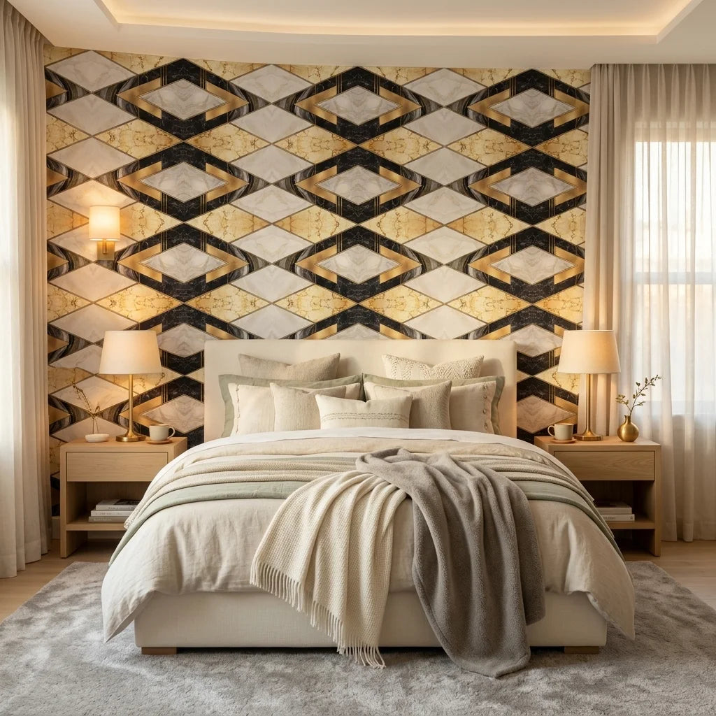 Marble Luxe dramatic black white and gold marble wallpaper in a warm and inviting living room