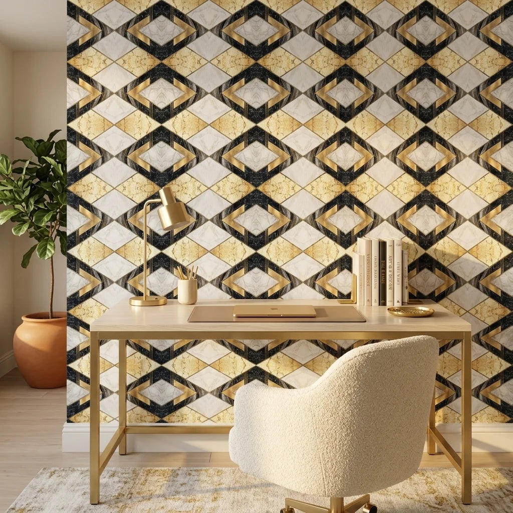 Marble Luxe dramatic black white and gold marble wallpaper adding character to a cozy bedroom