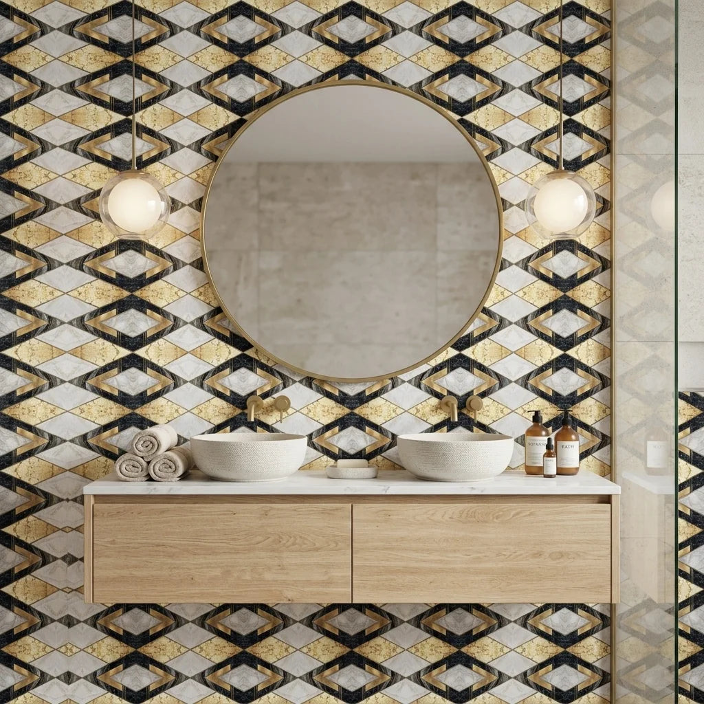 Marble Luxe dramatic black white and gold marble wallpaper as a feature wall in a bright home office