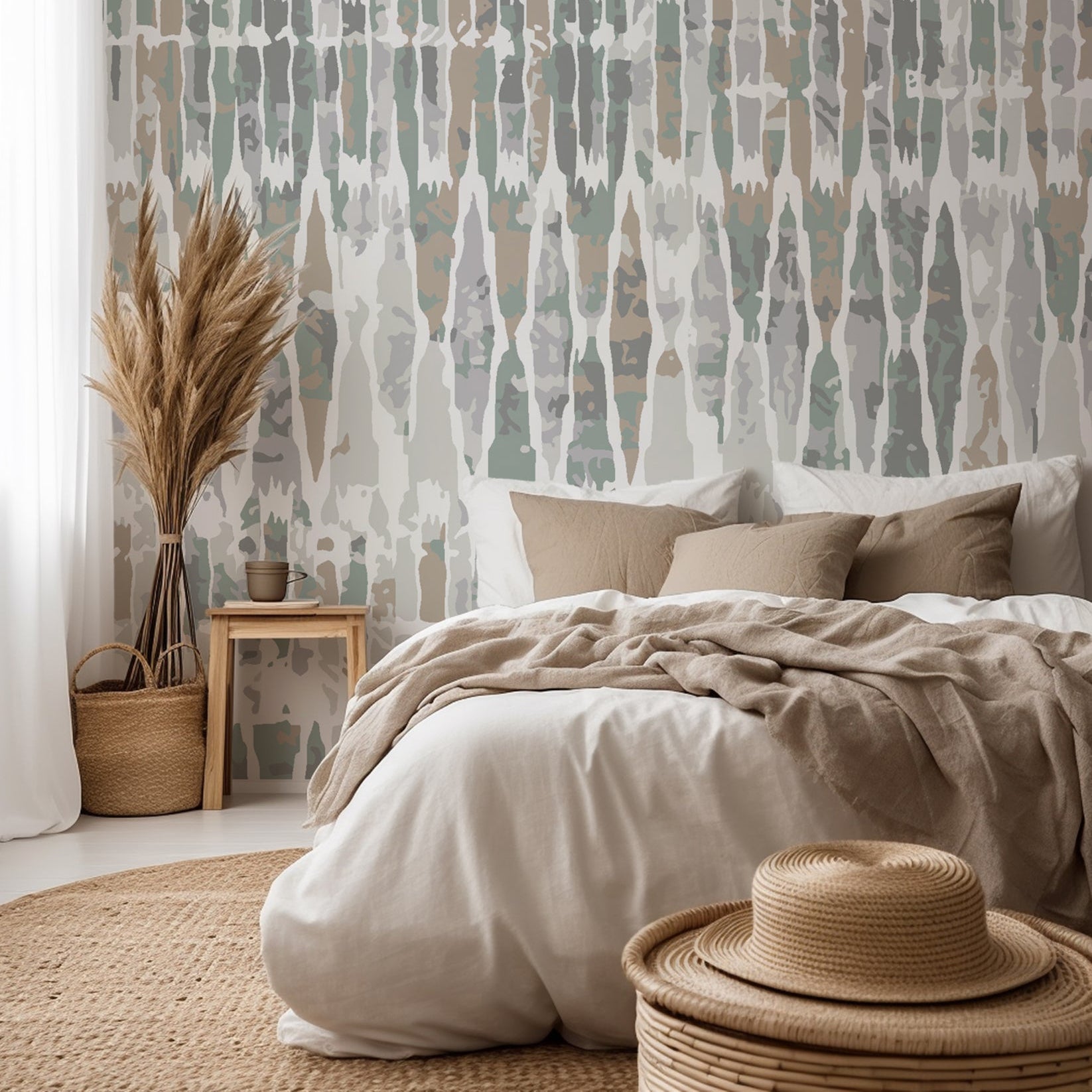 Neutral abstract stripe wallpaper with soft vertical brushstroke shapes in muted sage green, warm beige, and light gray tones.