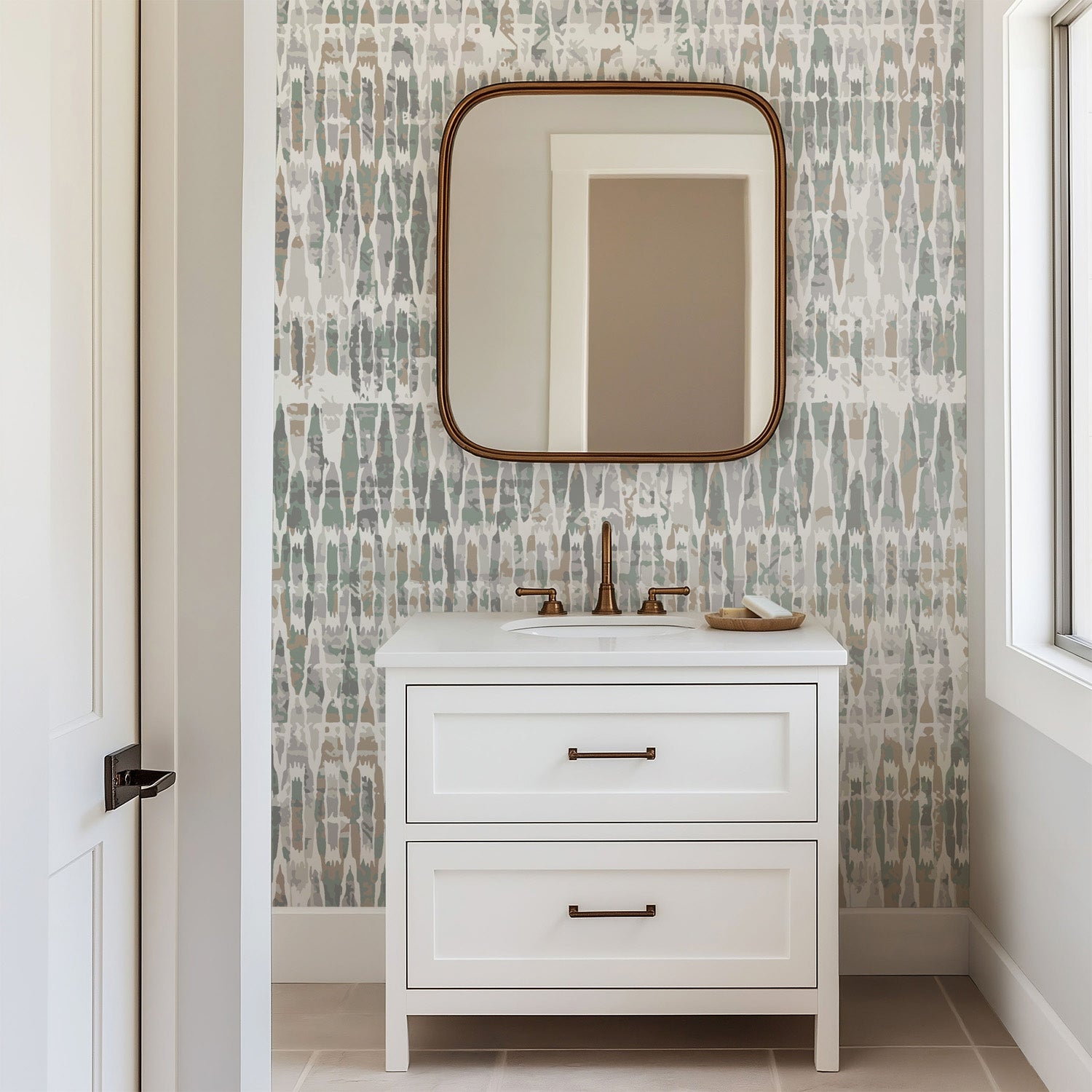 Neutral abstract stripe wallpaper with soft vertical brushstroke shapes in muted sage green, warm beige, and light gray tones.