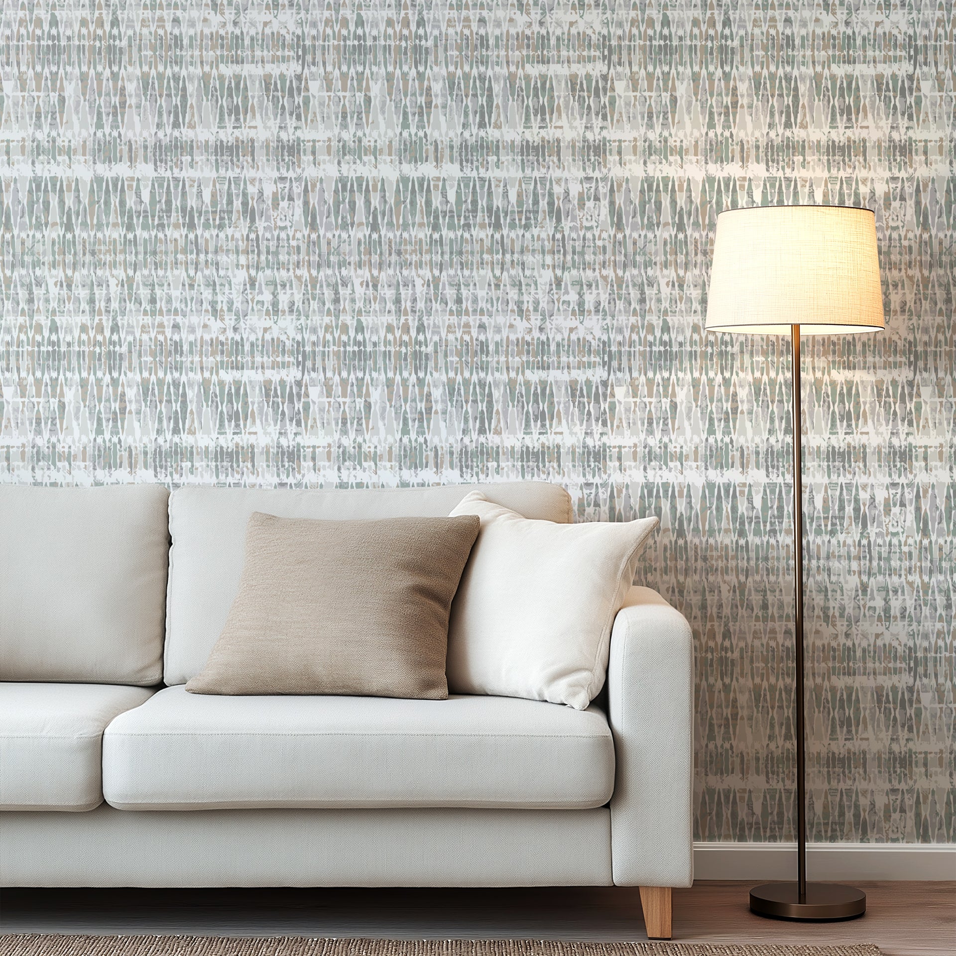 Neutral abstract stripe wallpaper with soft vertical brushstroke shapes in muted sage green, warm beige, and light gray tones.