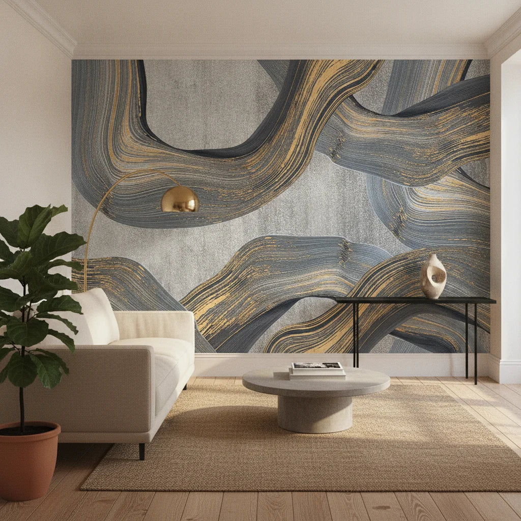 Marbled Ribbons bold silver and gold abstract in a warm and inviting living room