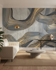 Marbled Ribbons bold silver and gold abstract in a warm and inviting living room