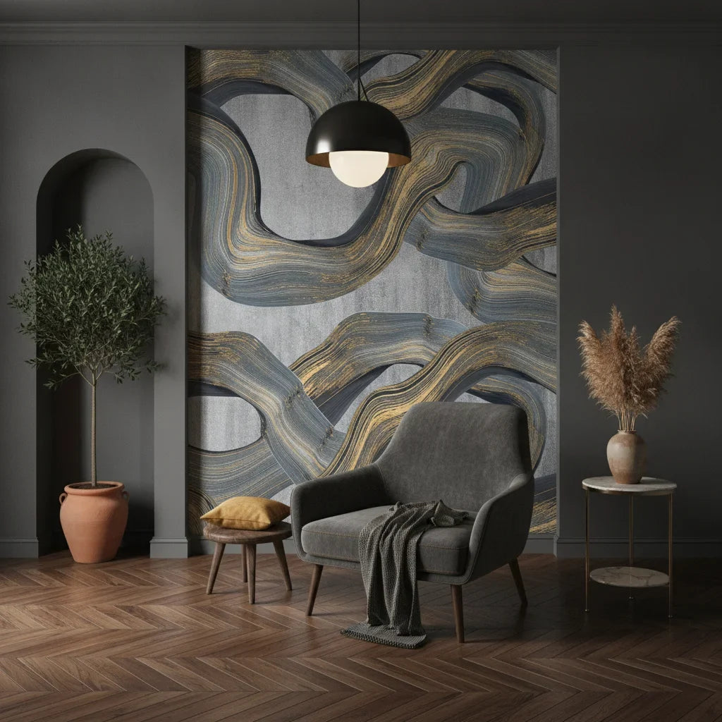 Marbled Ribbons bold silver and gold abstract adding character to a cozy bedroom