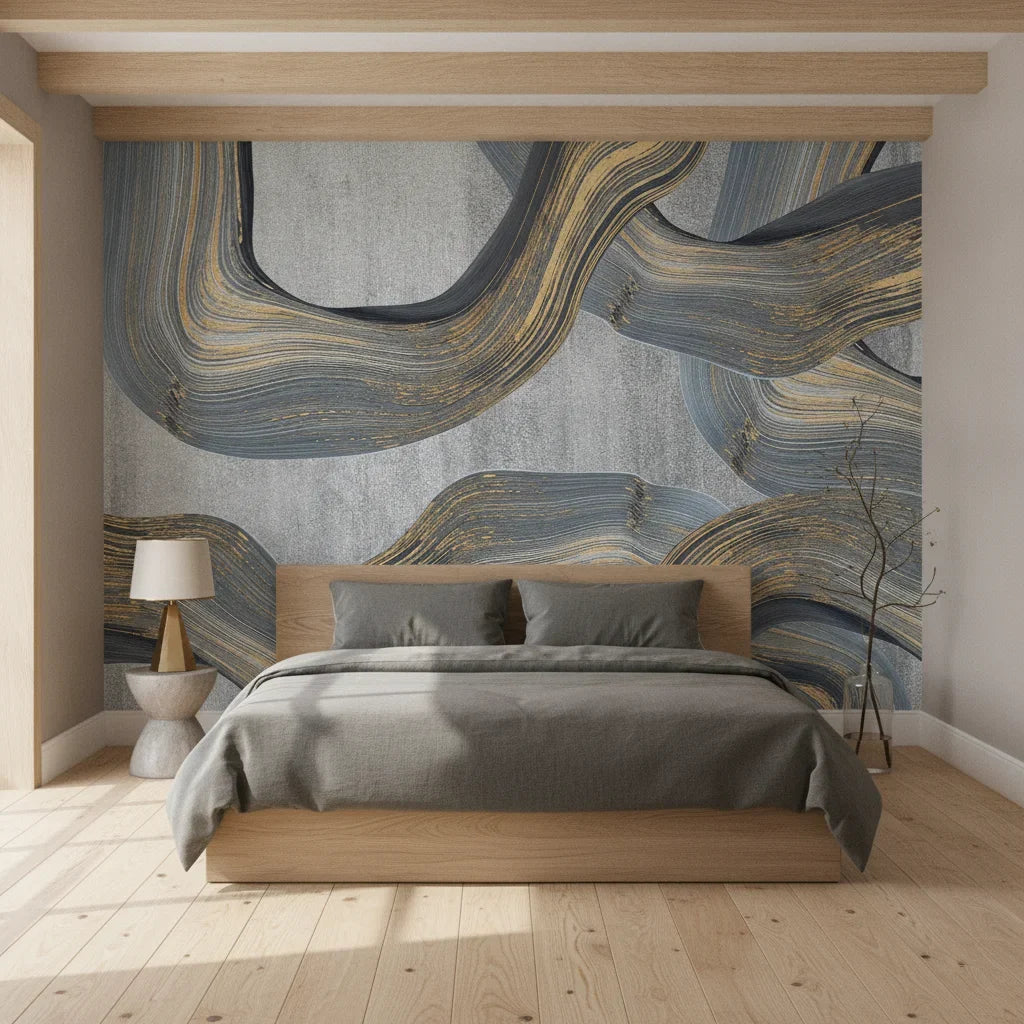 Marbled Ribbons bold silver and gold abstract as a feature wall in a bright home office