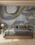 Marbled Ribbons bold silver and gold abstract as a feature wall in a bright home office