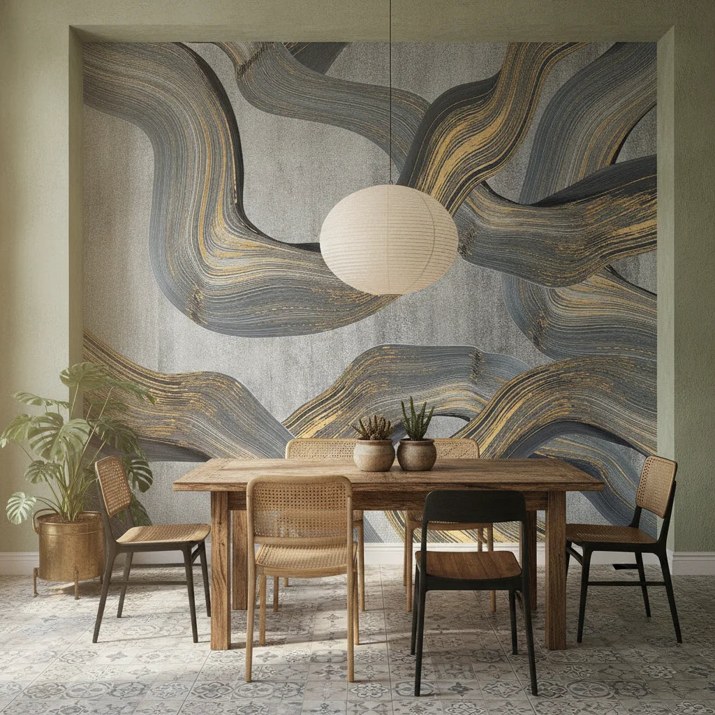 Marbled Ribbons bold silver and gold abstract creating ambiance in a serene bathroom