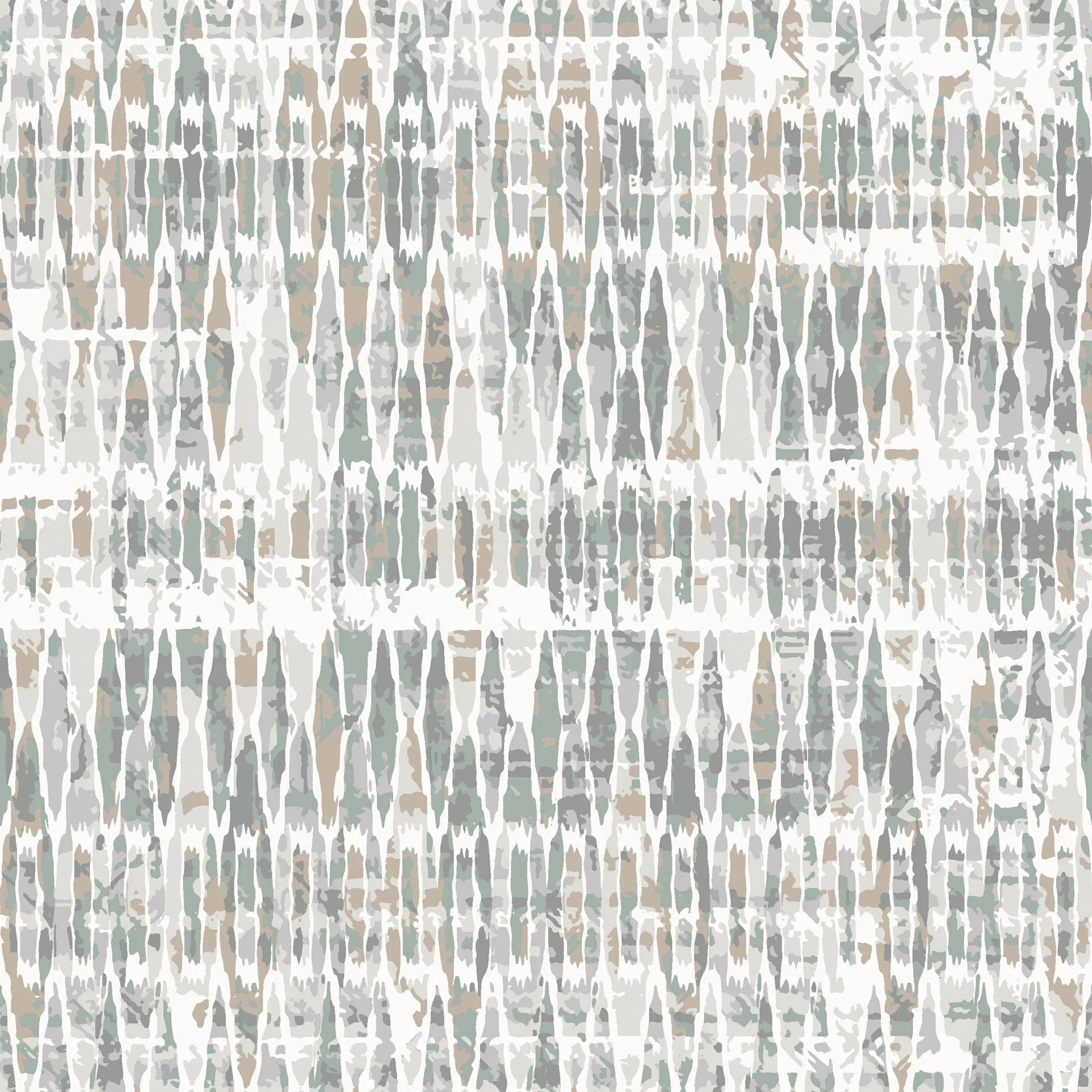 A neutral palette wallpaper featuring vertical, soft brushstroke stripes in light gray, muted sage green, and warm beige
