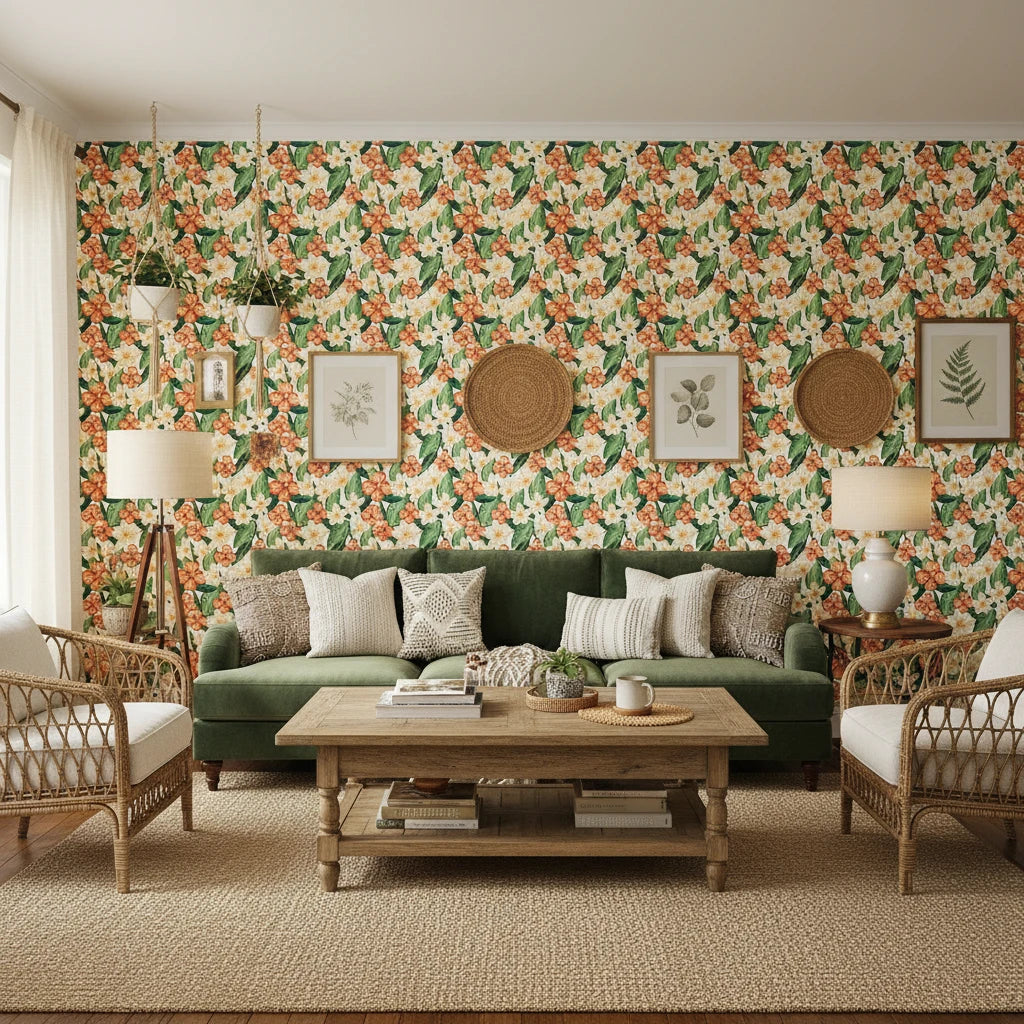 Marigold Orchard warm orange botanical wallpaper in a warm and inviting living room