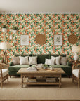 Marigold Orchard warm orange botanical wallpaper in a warm and inviting living room