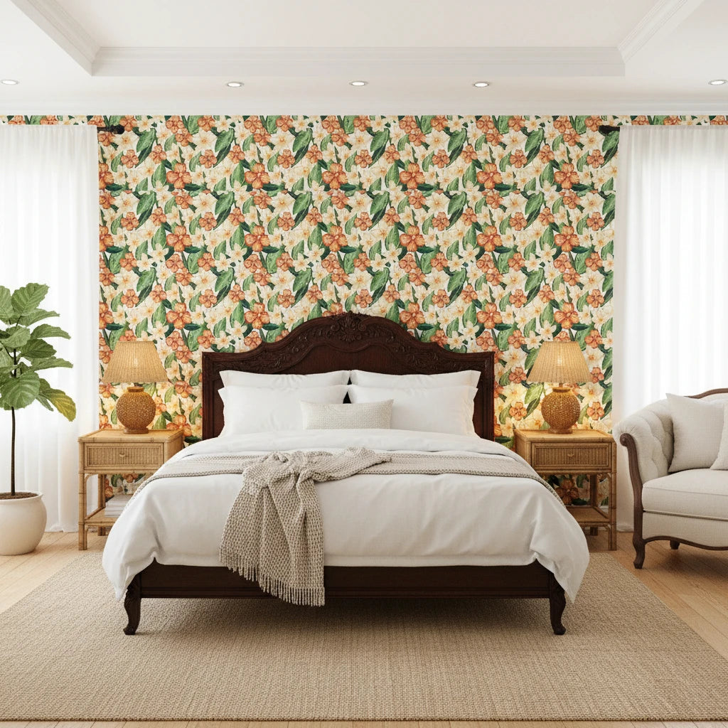 Marigold Orchard warm orange botanical wallpaper adding character to a cozy bedroom