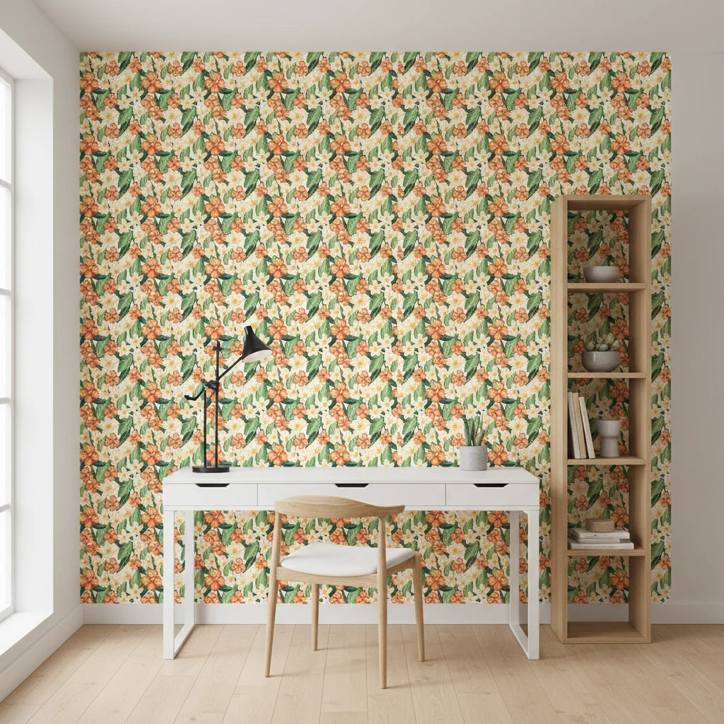 Marigold Orchard warm orange botanical wallpaper as a feature wall in a bright home office