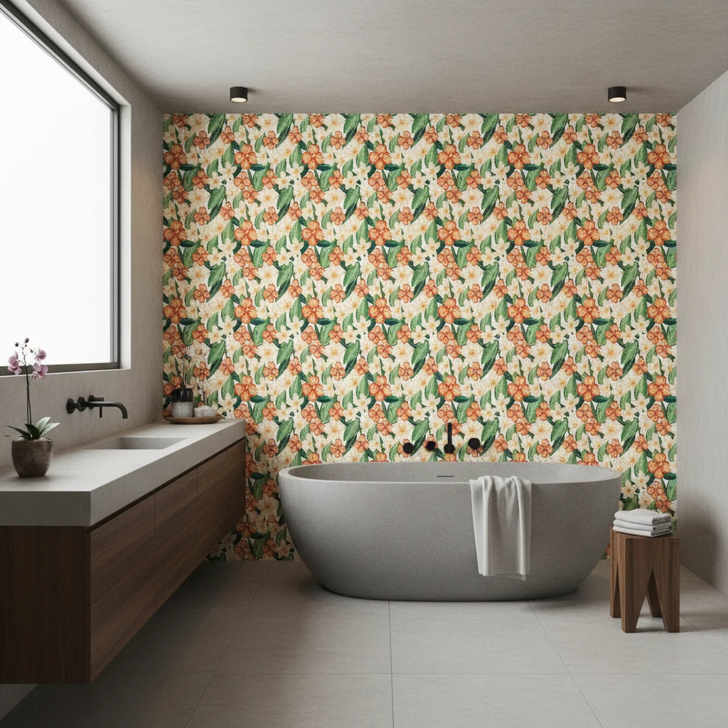 Marigold Orchard warm orange botanical wallpaper creating ambiance in a serene bathroom