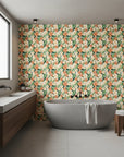 Marigold Orchard warm orange botanical wallpaper creating ambiance in a serene bathroom