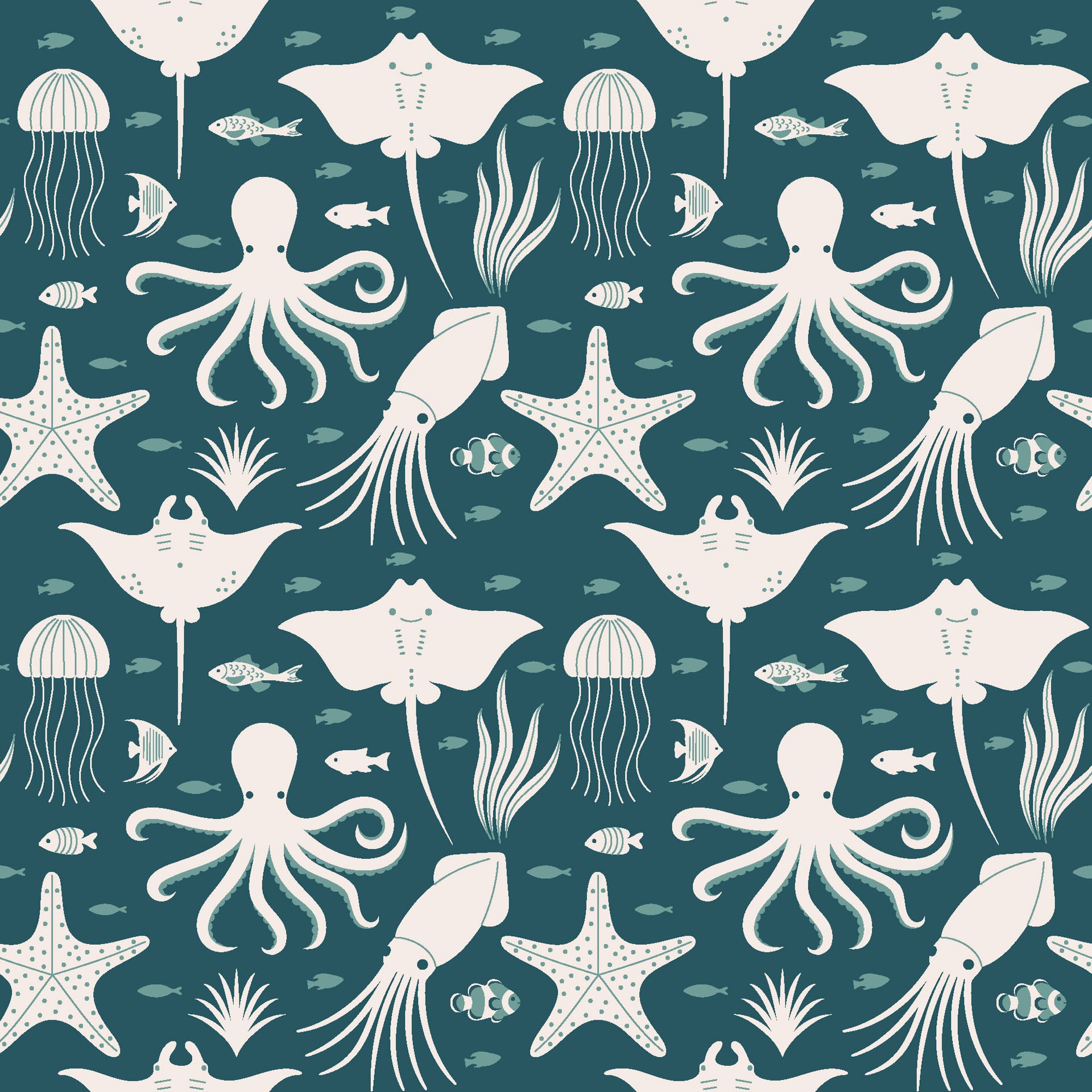 A self-adhesive wall covering with a nautical sea life pattern in white and teal blue, known as Marine Dream