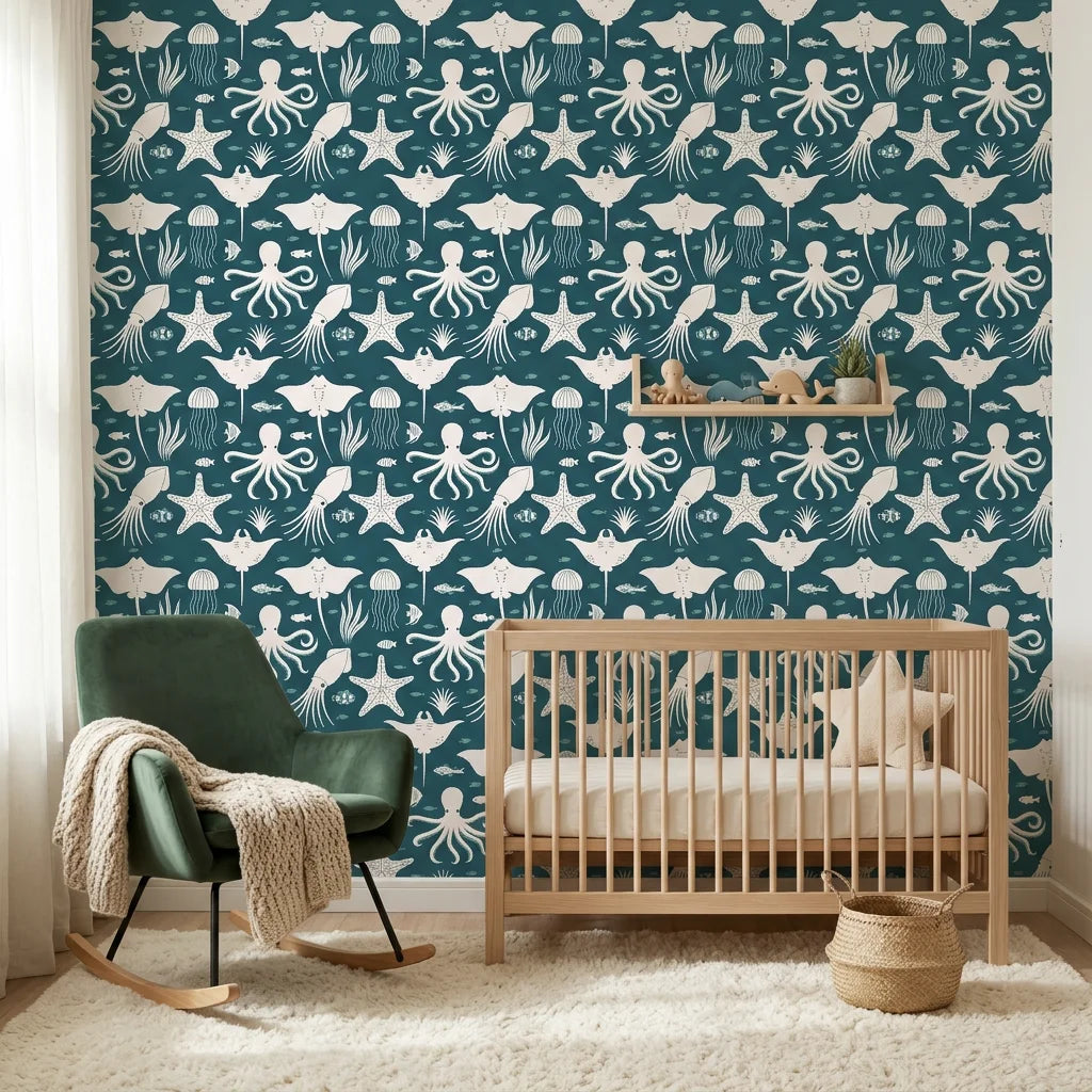 Marine Dream dark teal nautical ocean animal wallpaper in a warm and inviting living room