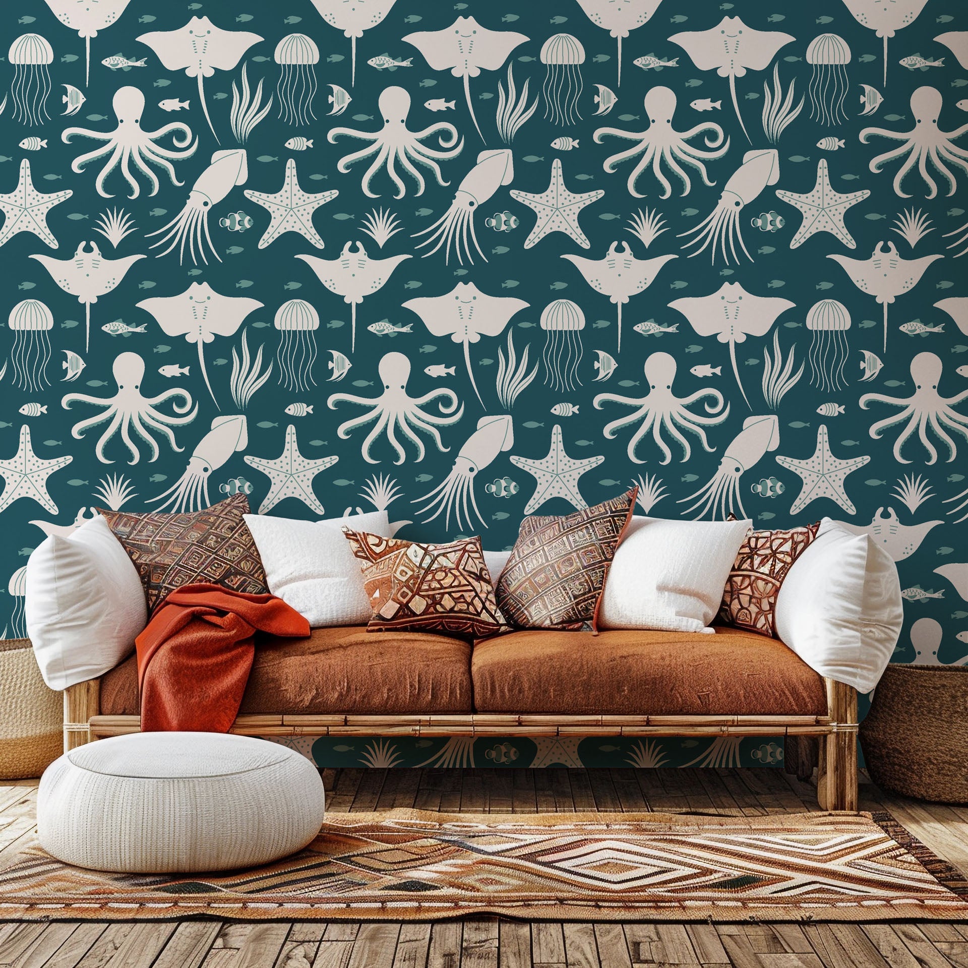 A self-adhesive, removable wall covering featuring teal blue and white marine life in a nautical theme: Marine Dream