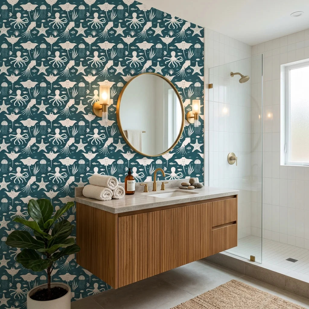 Marine Dream dark teal nautical ocean animal wallpaper adding character to a cozy bedroom