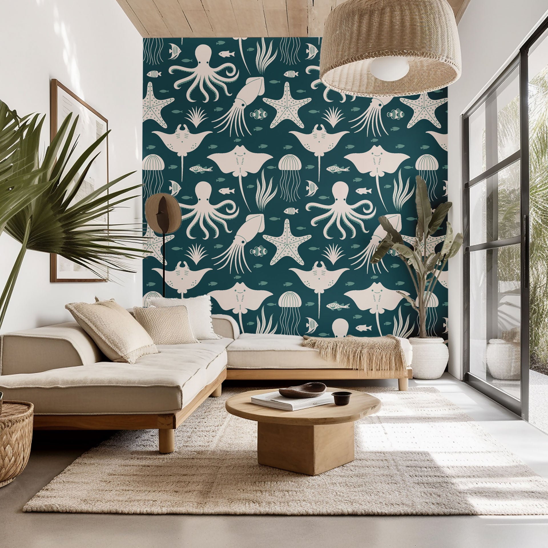 Self-adhesive wall covering with a nautical marine creature design in white and teal blue