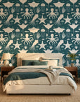 Marine Dream dark teal nautical ocean animal wallpaper as a feature wall in a bright home office