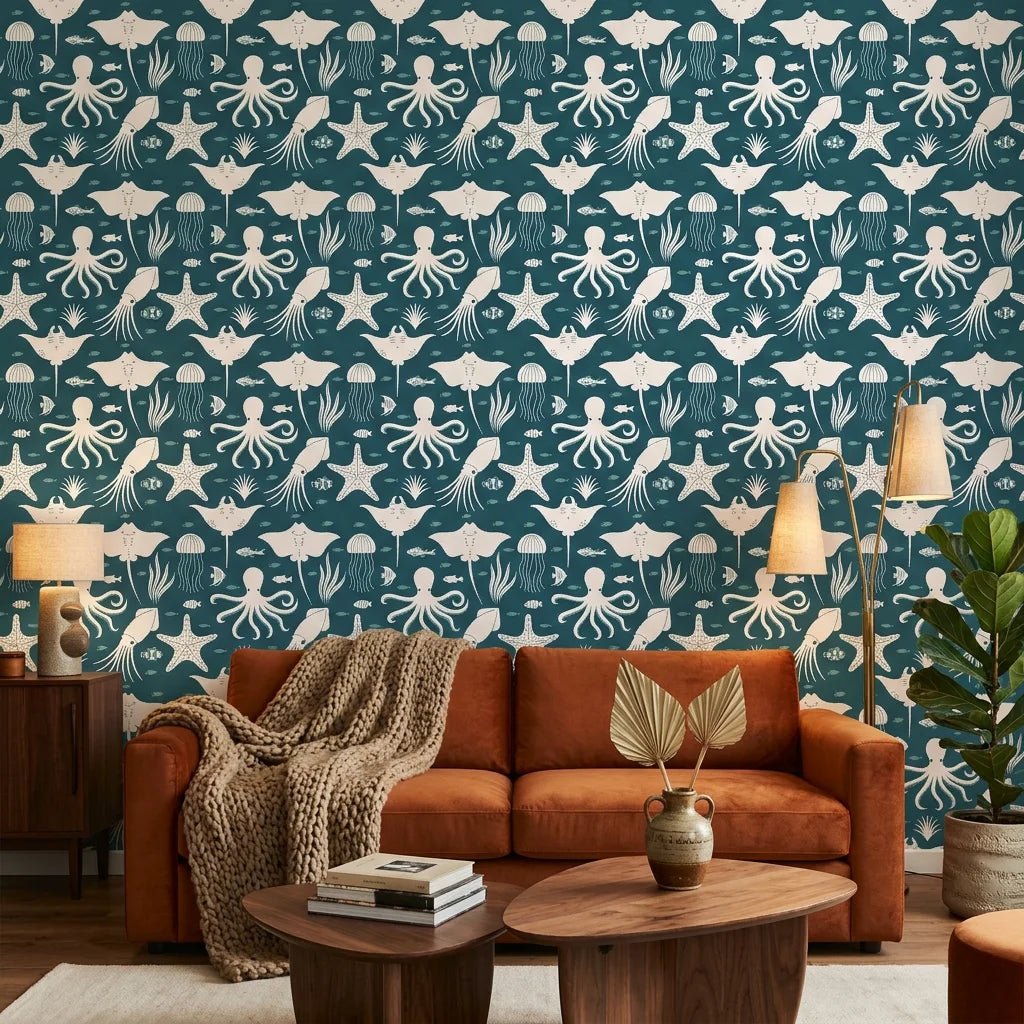 Marine Dream dark teal nautical ocean animal wallpaper creating ambiance in a serene bathroom