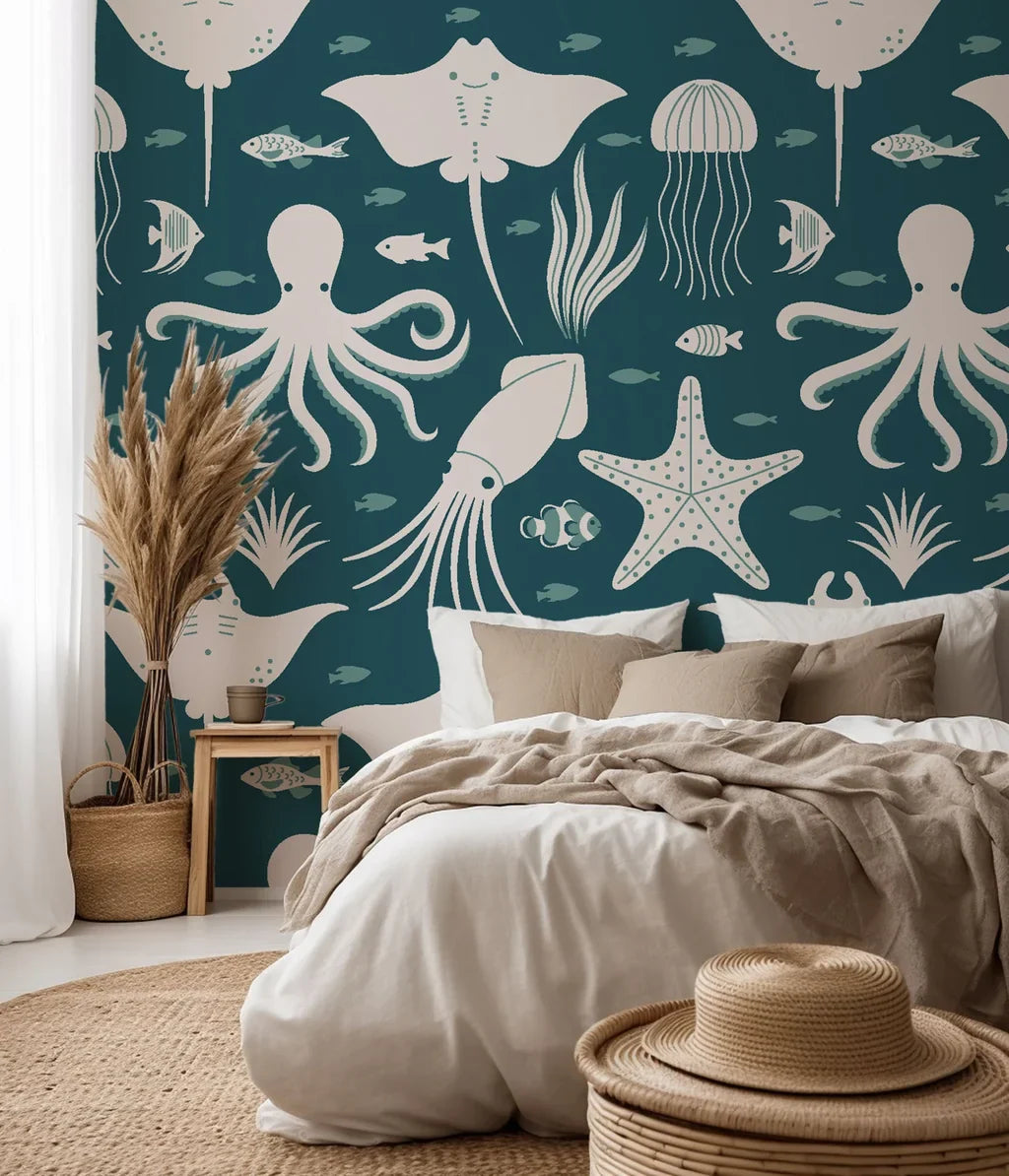 Teal and white peel-and-stick wallpaper featuring nautical sea life designs
