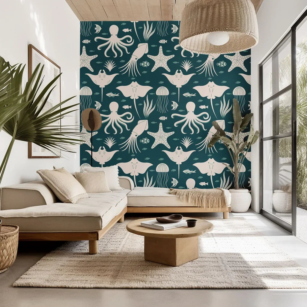 Self-adhesive wall covering with a nautical marine creature design in white and teal blue