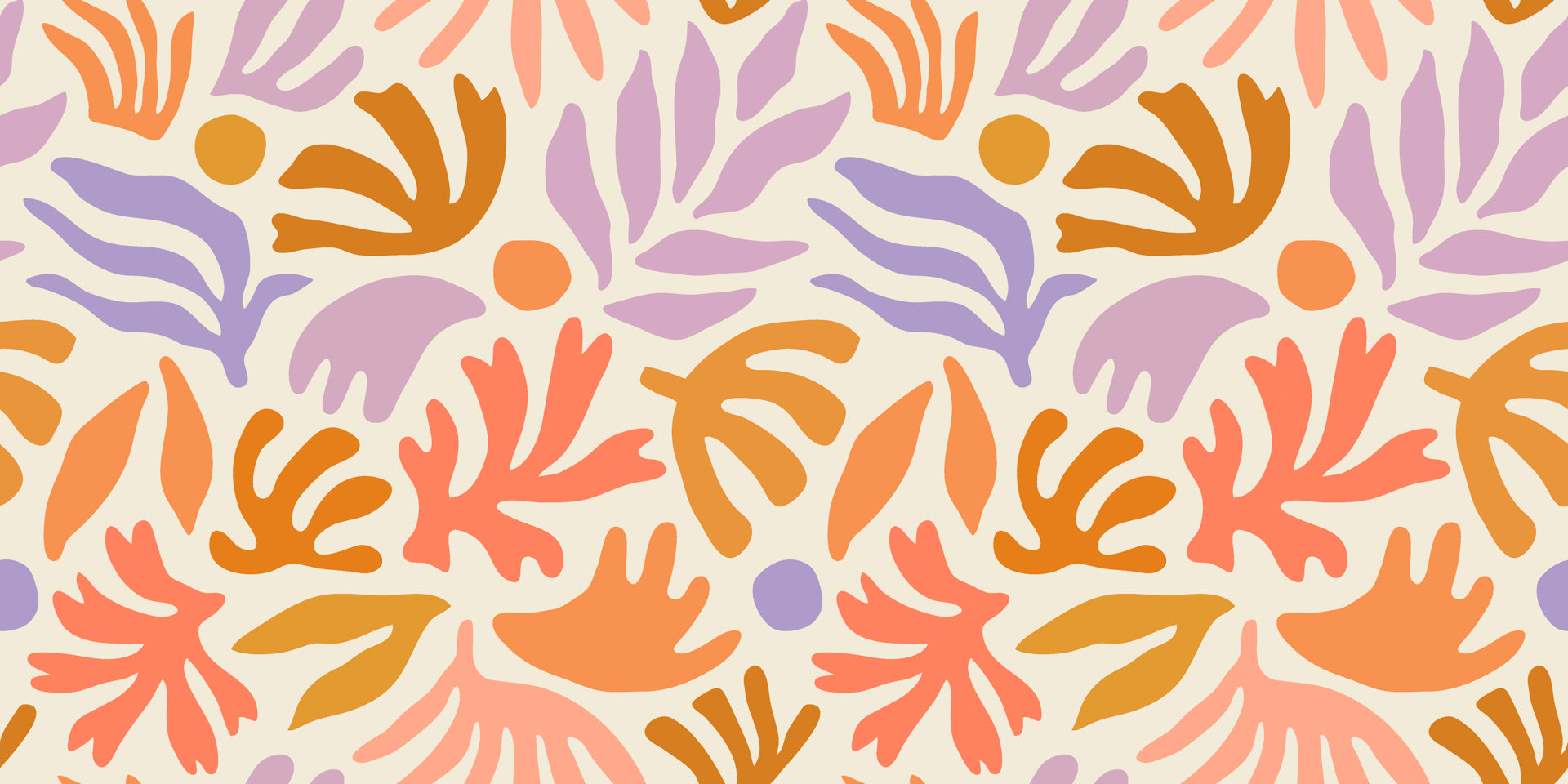 Playful abstract botanical wallpaper with hand painted leaf and floral shapes in peach, lavender, ochre, and soft coral on a warm cream background.