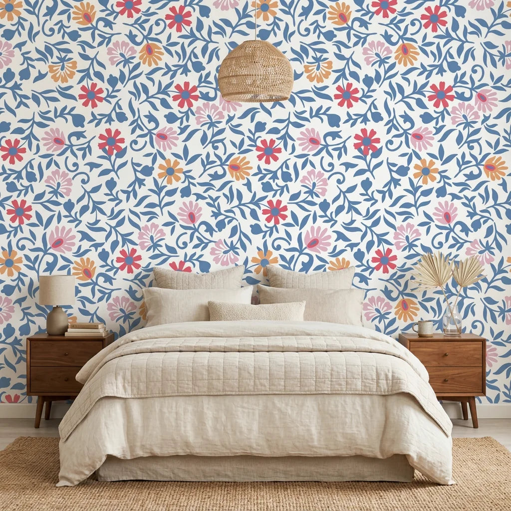 Blue and coral Matisse Reverie floral wallpaper on bedroom accent wall with woven pendant light