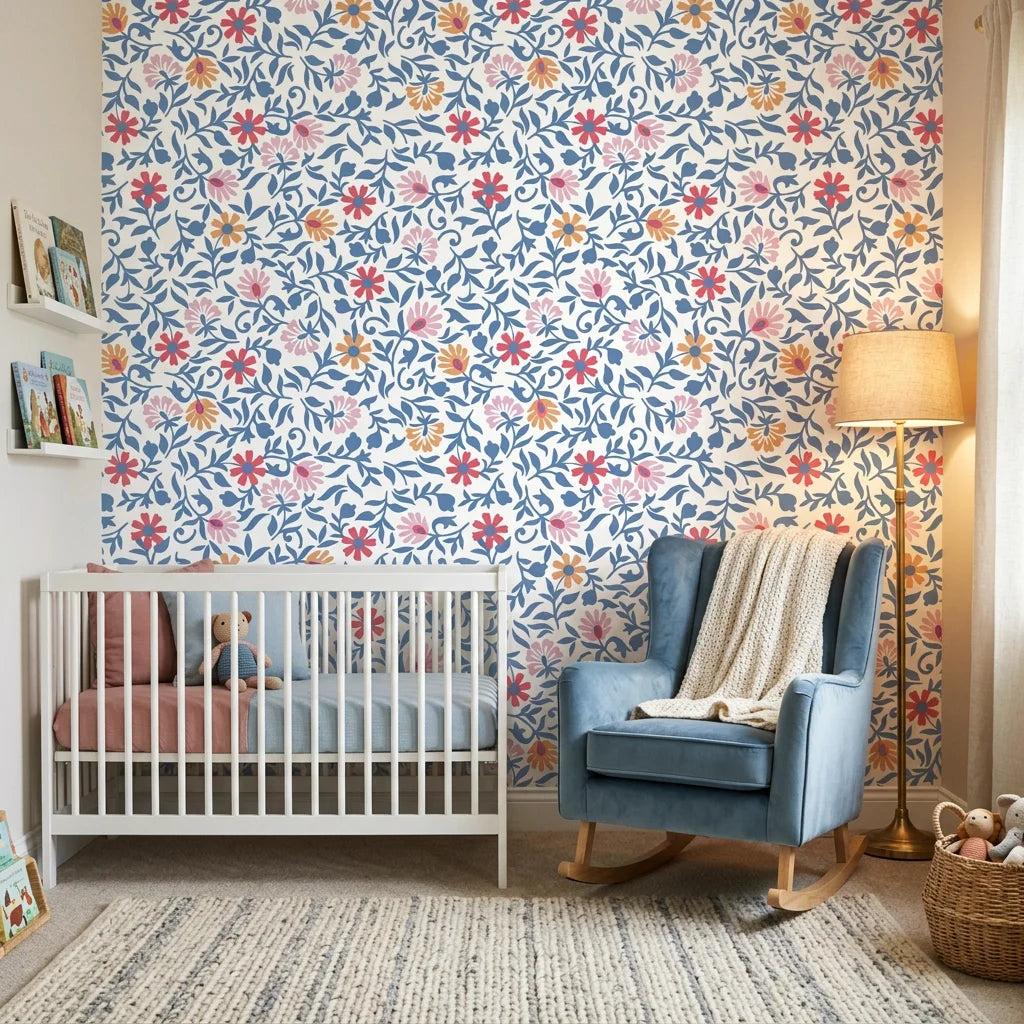 Matisse Reverie removable wallpaper with blue floral vines and coral blooms in modern nursery setting
