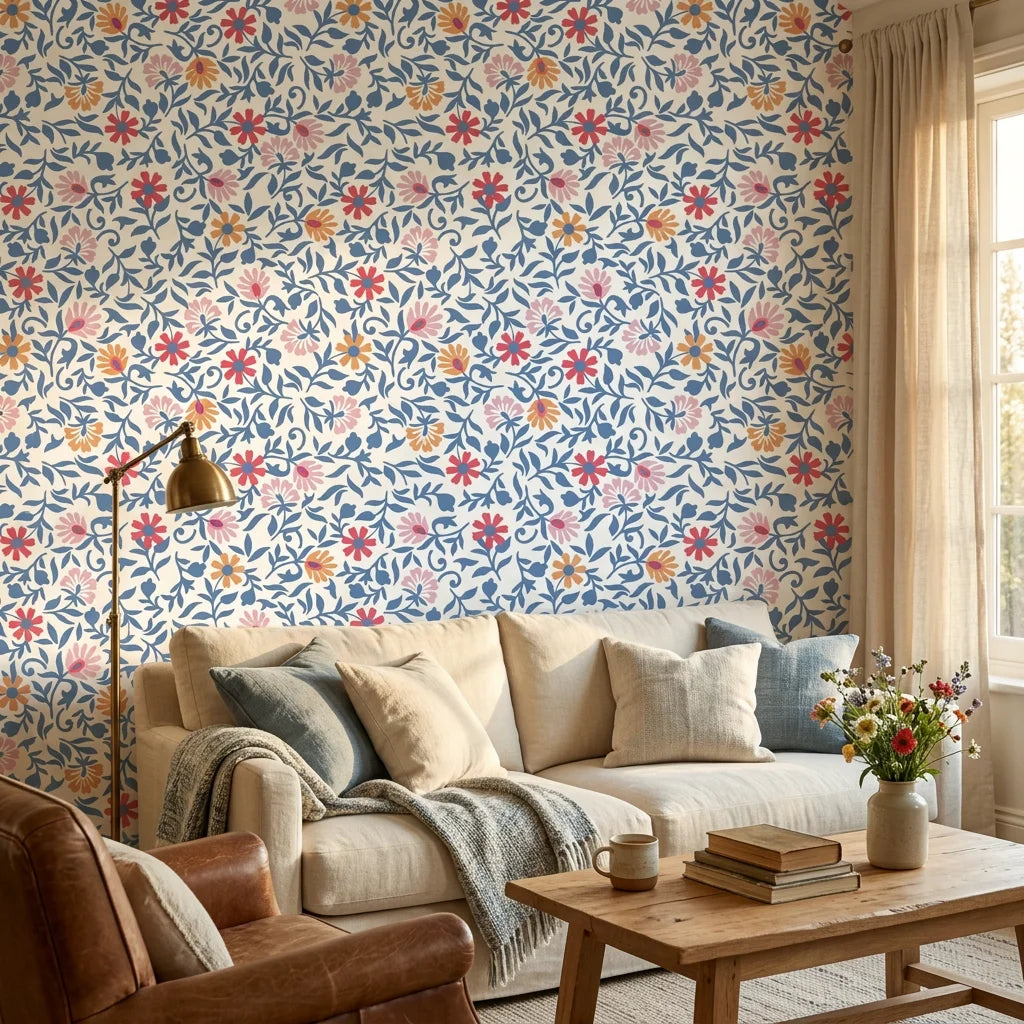 Matisse Reverie removable wallpaper with blue vines and coral flowers on cream living room accent wall