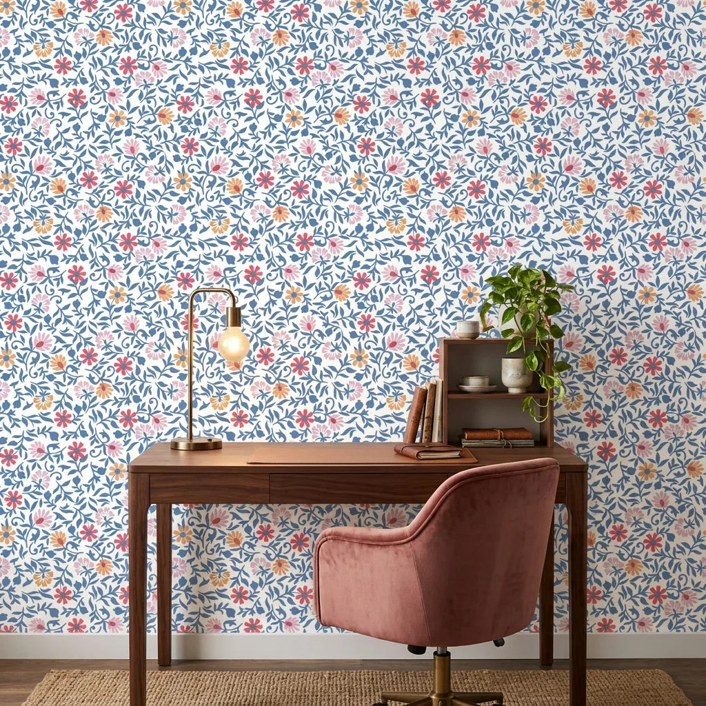 Coral, pink, and gold floral Matisse Reverie peel and stick wallpaper in modern home office setting