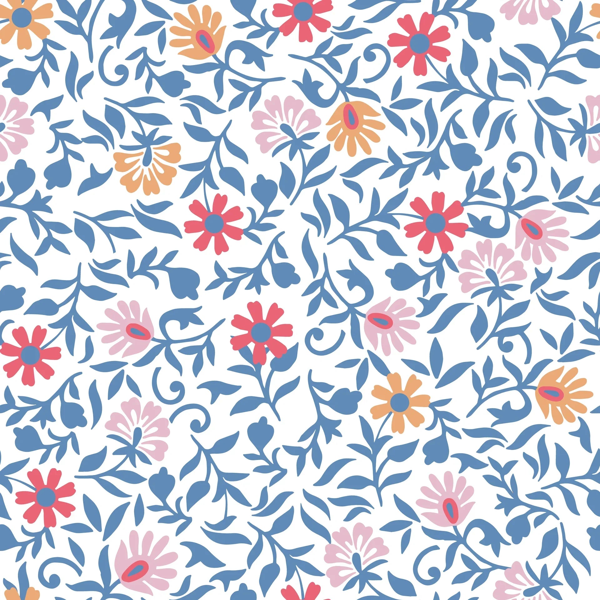 Matisse Reverie wallpaper with coral, pink, and orange florals on cream background with blue botanical scrollwork