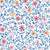 Matisse Reverie wallpaper with coral, pink, and orange florals on cream background with blue botanical scrollwork