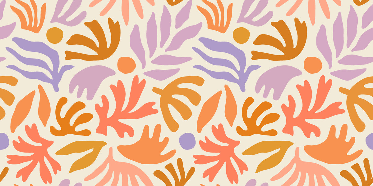 Playful abstract botanical wallpaper with hand painted leaf and floral shapes in peach, lavender, ochre, and soft coral on a warm cream background.