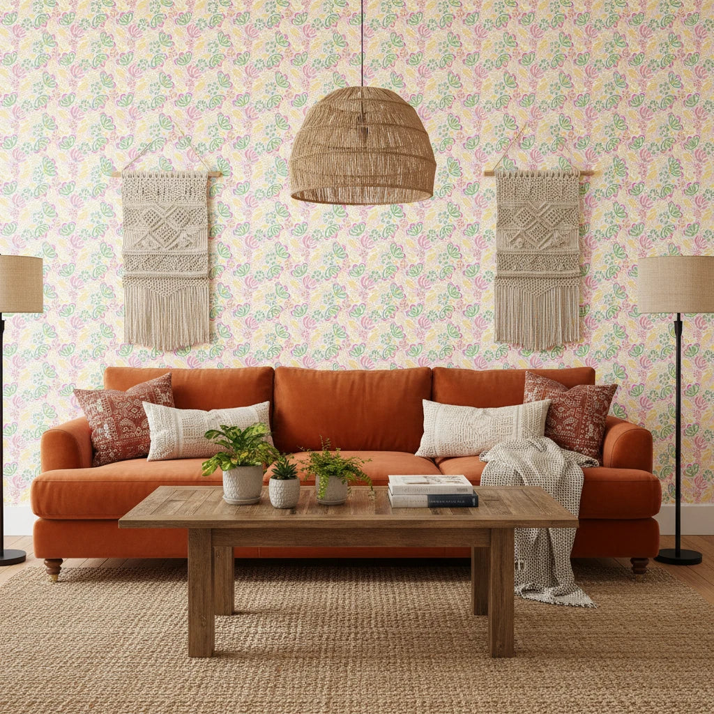 Matisse Meadow playful pastel floral wallpaper in a warm and inviting living room