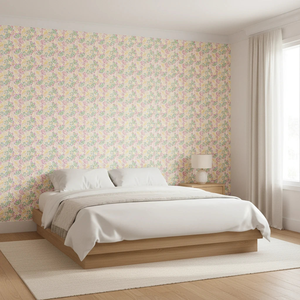 Matisse Meadow playful pastel floral wallpaper adding character to a cozy bedroom