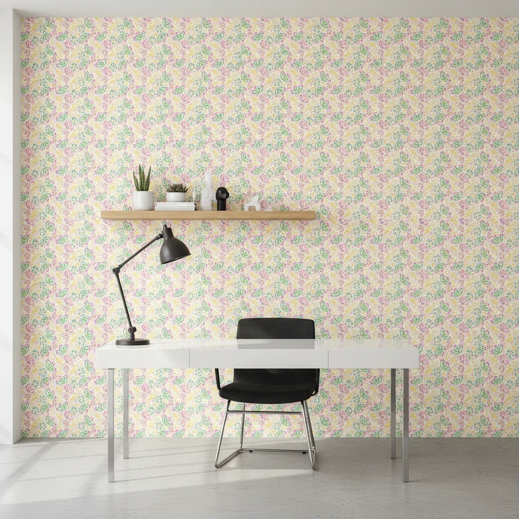 Matisse Meadow playful pastel floral wallpaper as a feature wall in a bright home office