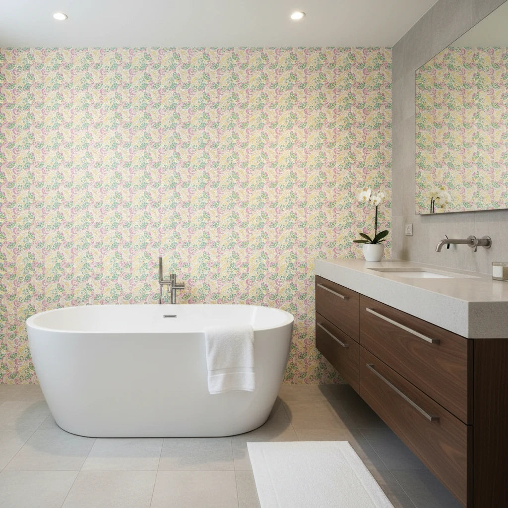 Matisse Meadow playful pastel floral wallpaper creating ambiance in a serene bathroom