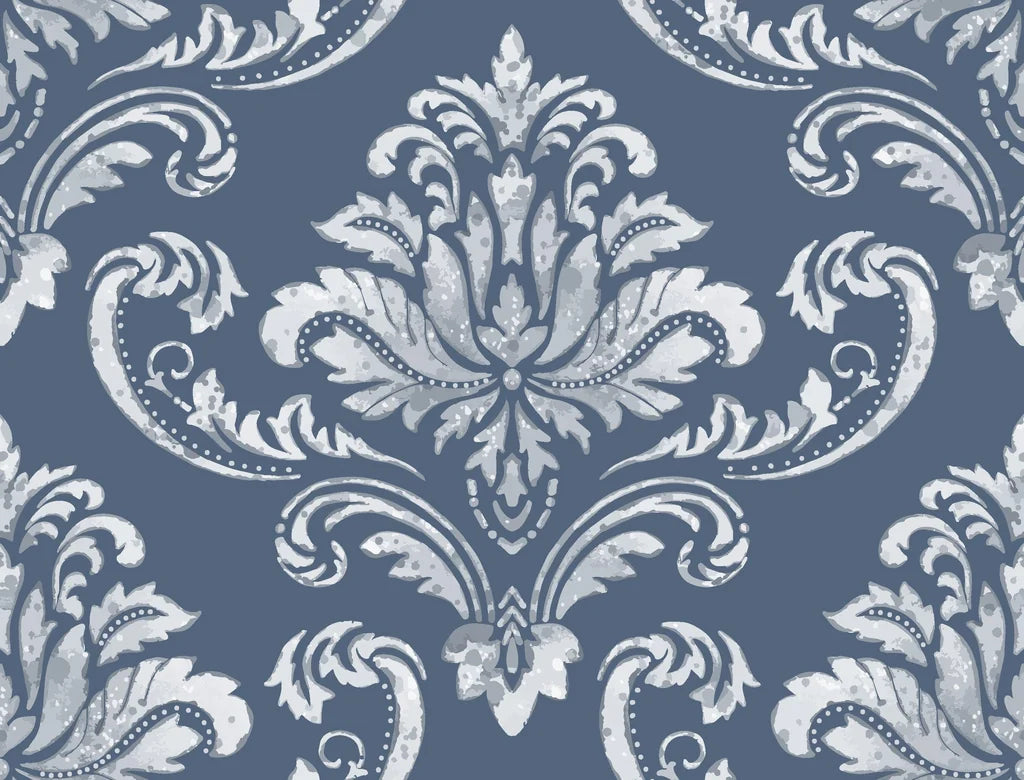 Elegant baroque damask wallpaper in slate blue and silver with ornate scrollwork and floral medallions