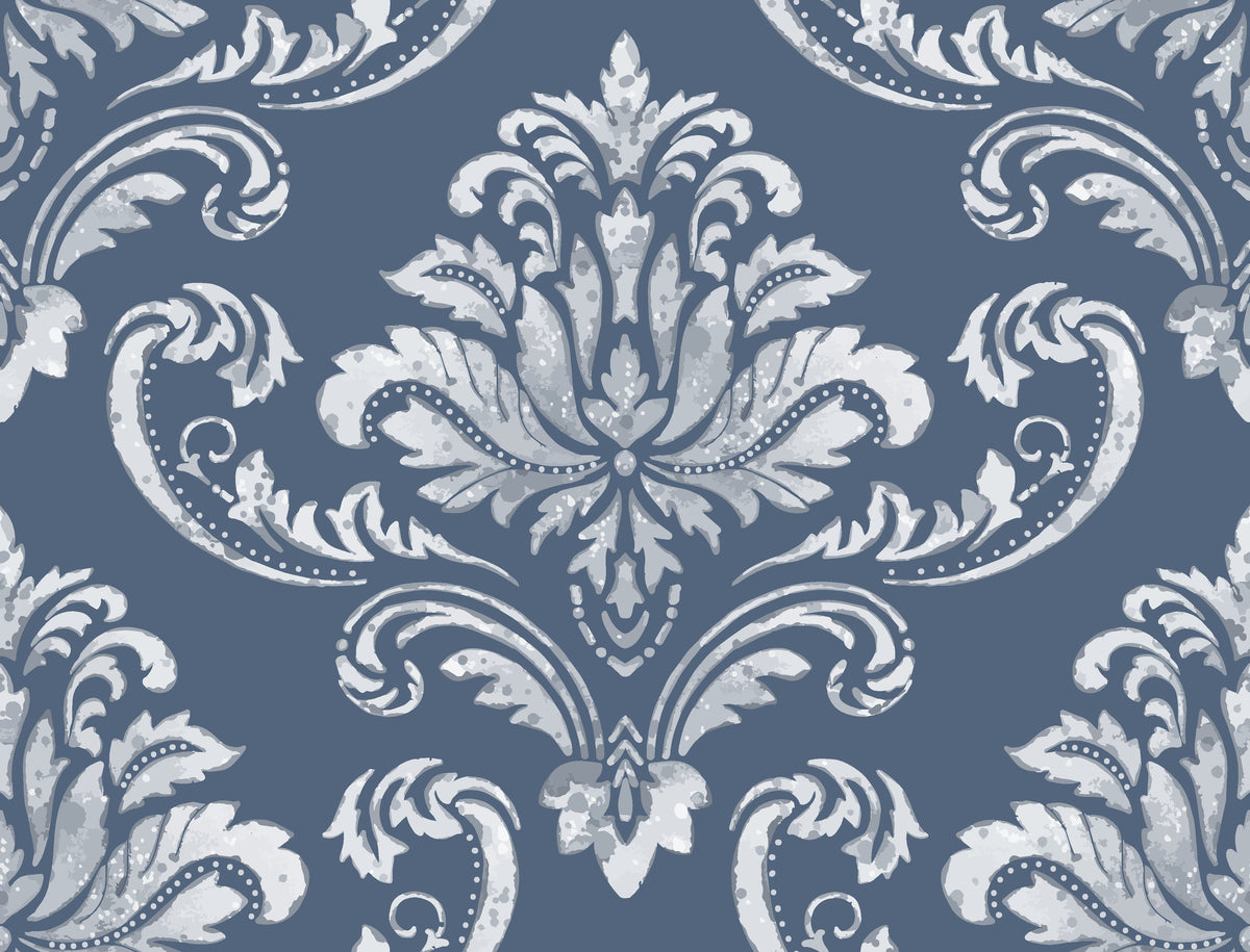 Elegant baroque damask wallpaper in slate blue and silver with ornate scrollwork and floral medallions